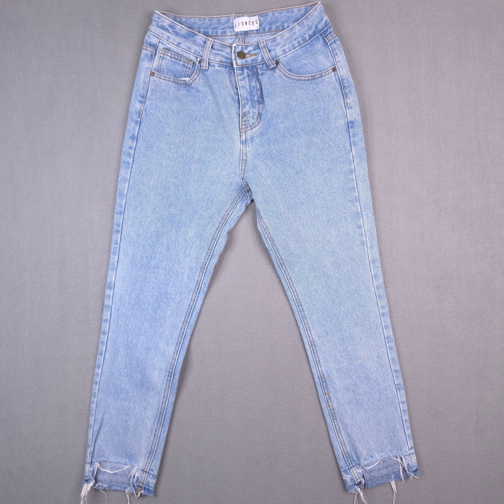 Lioness Jeans High Rise Straight Leg Light Wash Blue Small 100% Cotton Raw Hem